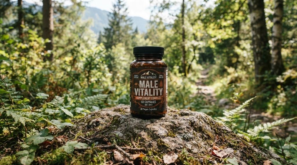 Male Vitality Supplement Complex bočica u prirodnom planinskom okruženju